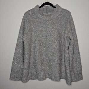 Soft Surroundings Womens Gray Soft Plush Sequin Fleece Mock Neck Sweater L
